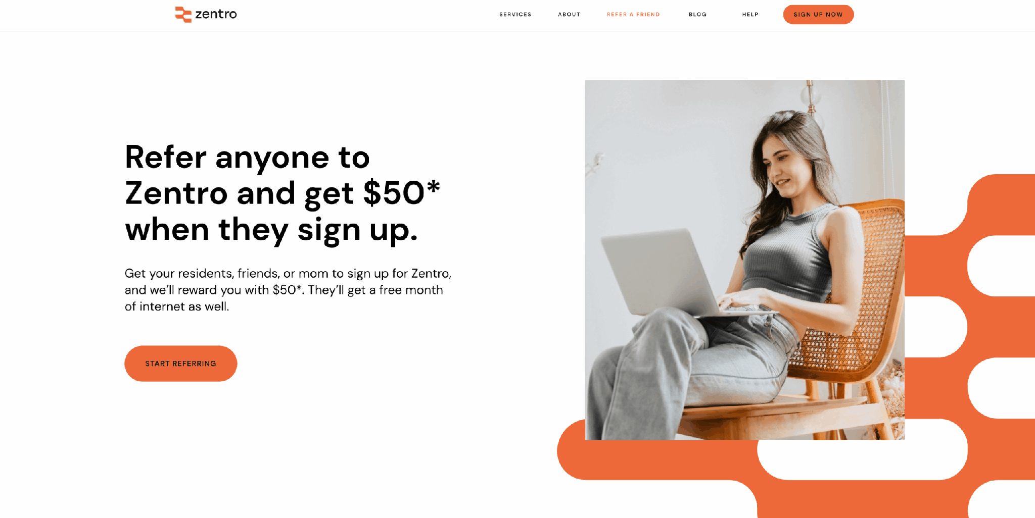 Zentro referral program webpage offering $50 reward for referring friends or residents to sign up for internet service — example of a telecom referral program with cash incentives.