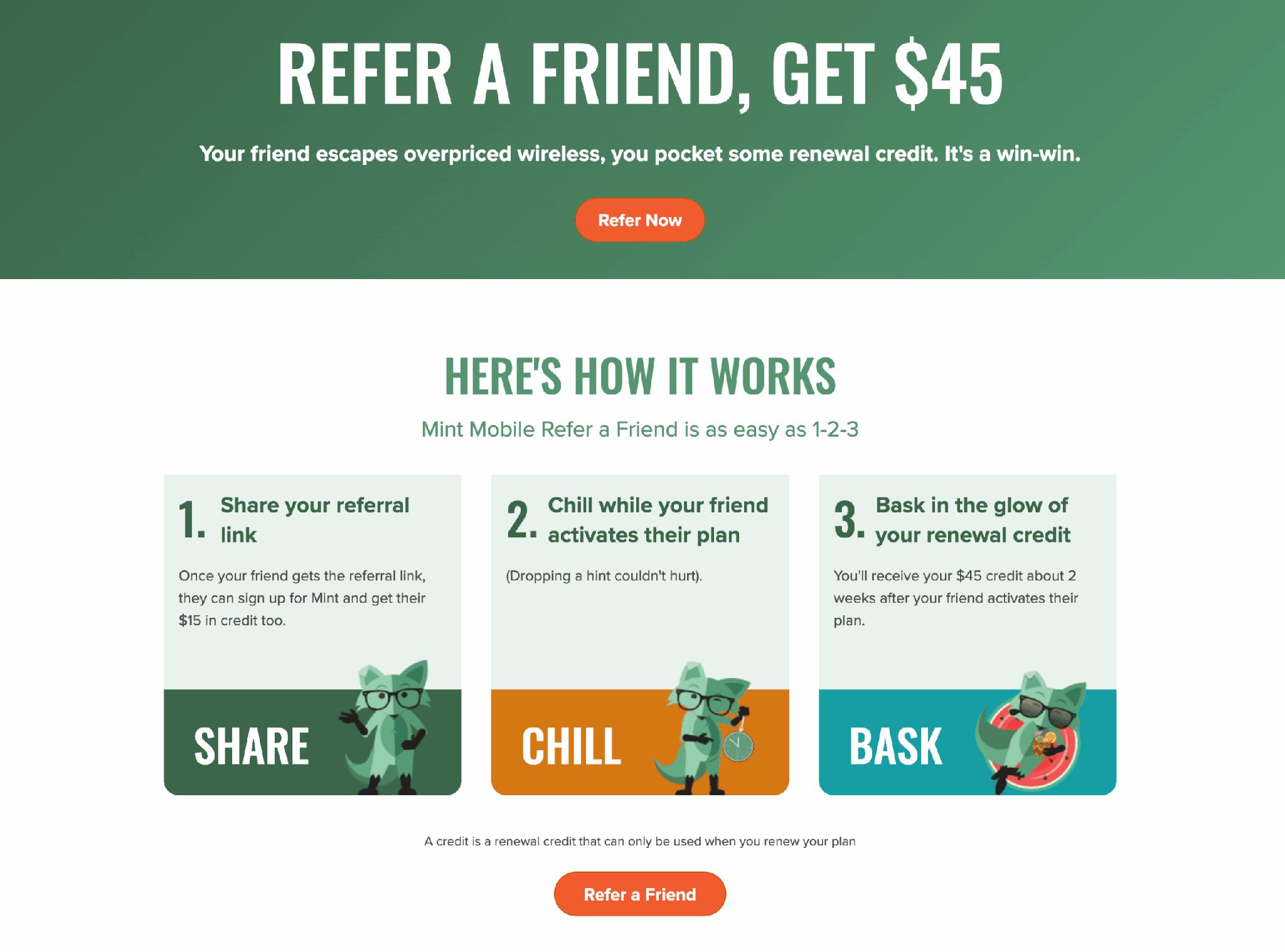 Mint Mobile referral program webpage offering $45 credit for referring a friend — telecom referral example showing how customers earn renewal credit when friends activate a plan.