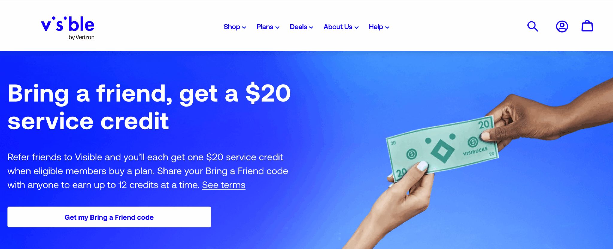 Visible by Verizon referral program webpage promoting ‘Bring a Friend, Get a $20 Service Credit’ offer — customers and friends each earn $20 for referrals toward wireless service plans.