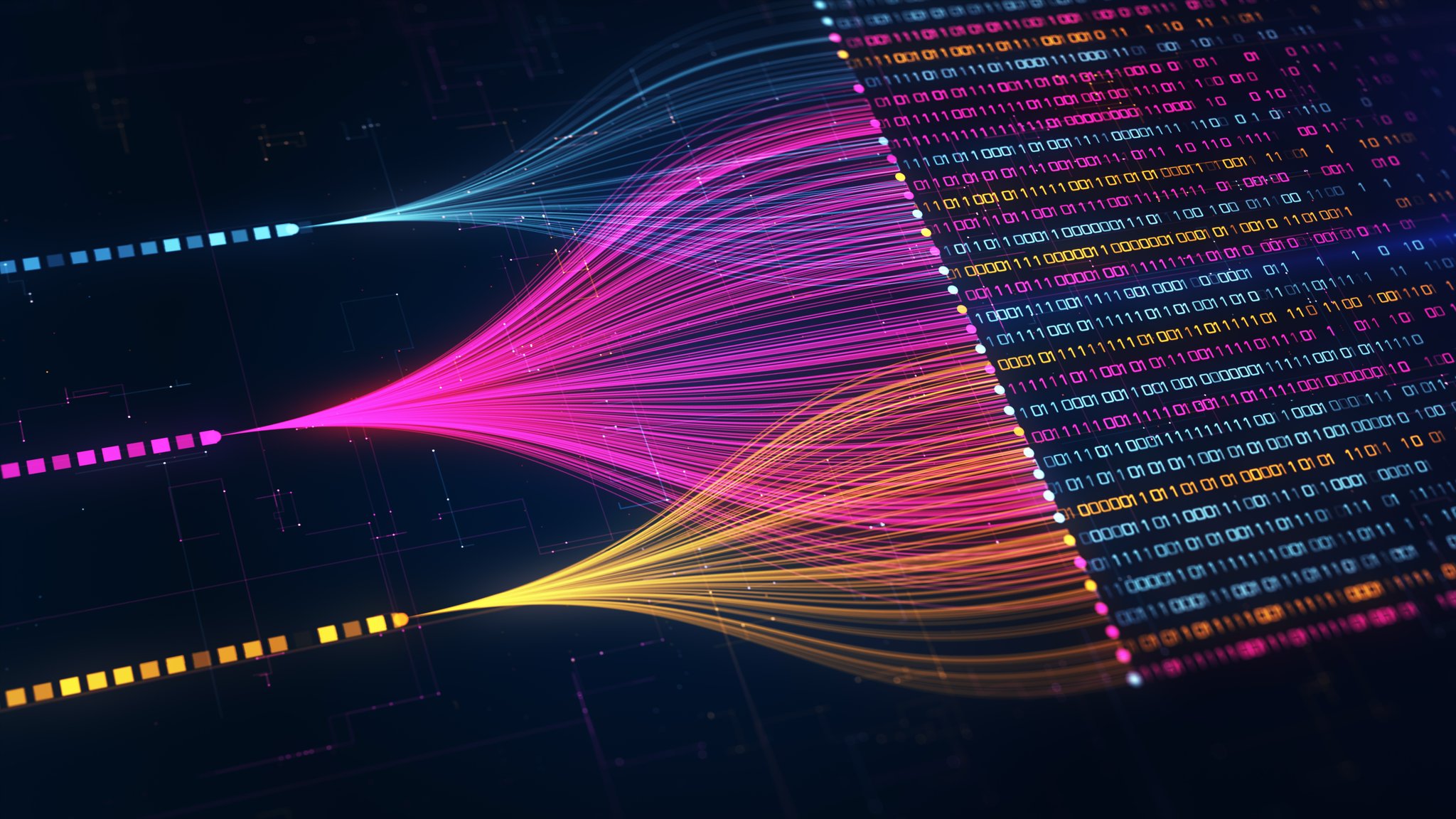 Colorful data streams merging into binary code, visualizing AI tools for referral program management on a dark digital background