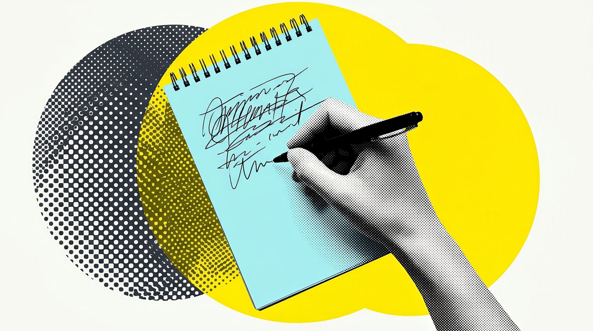 Halftone illustration of a hand writing in a blue spiral notepad over yellow and dotted circles