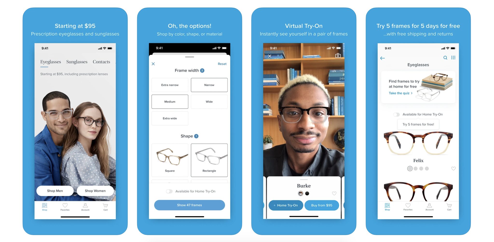 Screenshots of Warby Parker’s iPhone app showing shopping and try-on features. Options include browsing prescription glasses starting at $95, filtering frames by width and shape, using Virtual Try-On with a live selfie view, and trying 5 frames at home for free with shipping and returns.