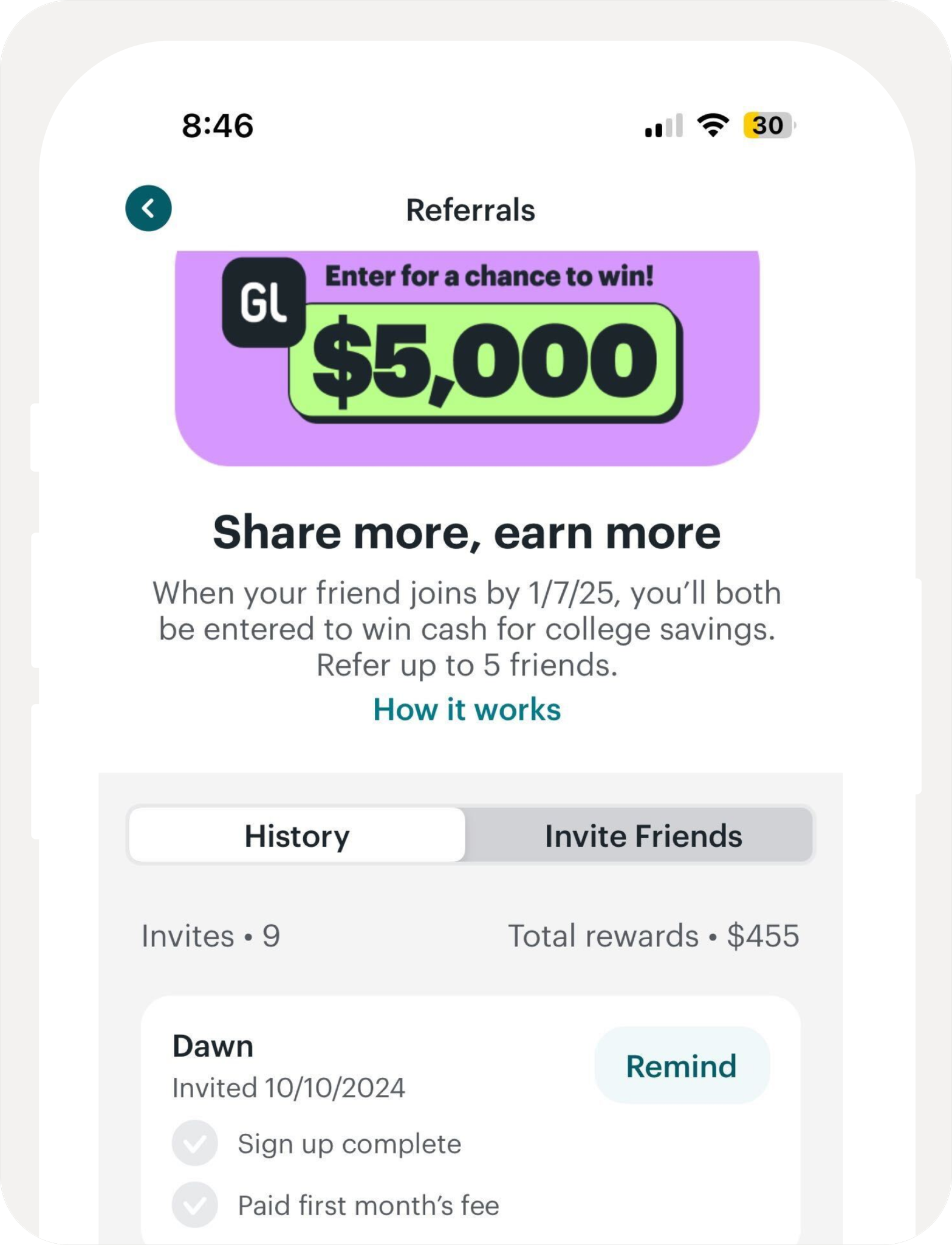 native app referral program example: in-app referrals example from Greenlight Financial.
