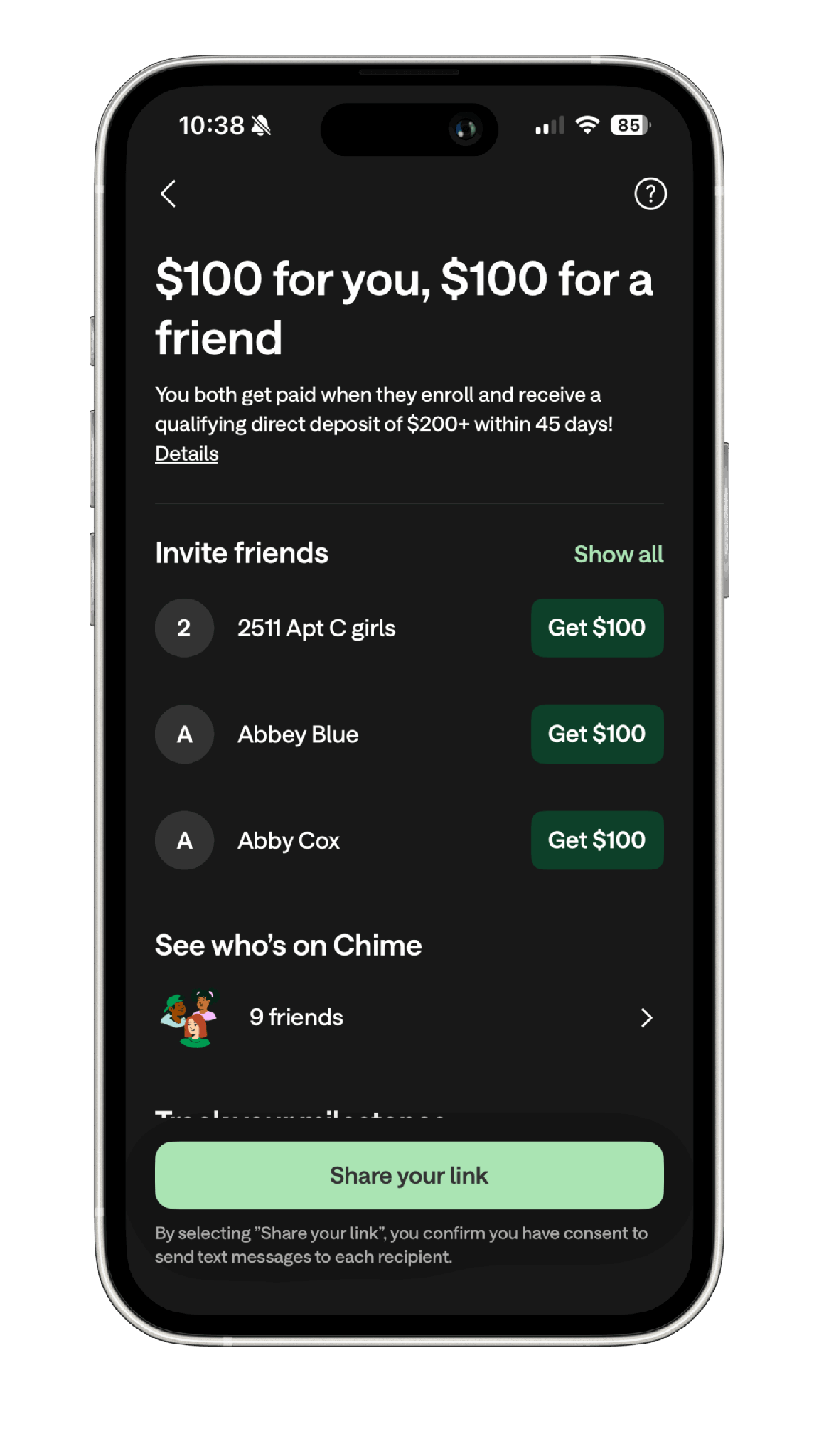 native app referral program example - Chime referral bonus.