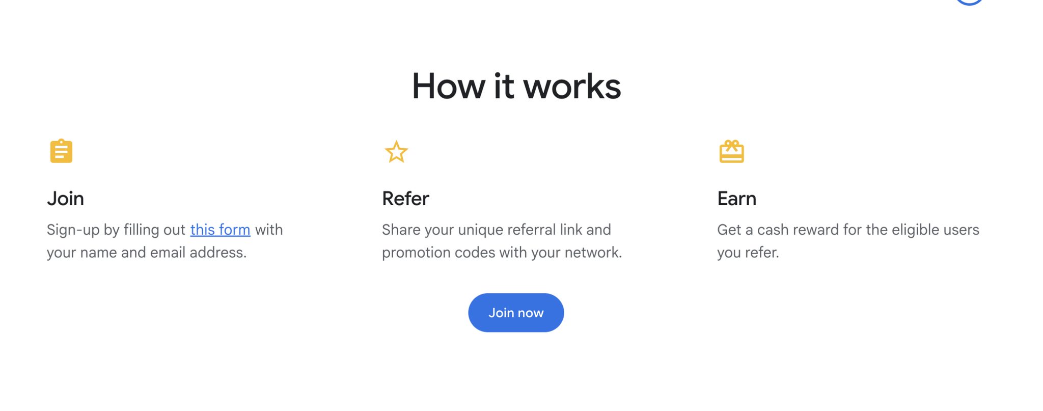 Referral landing page examples: Google Workspace referral program explanation.