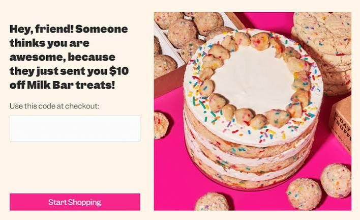 Referral landing page examples: Milkbar referral program