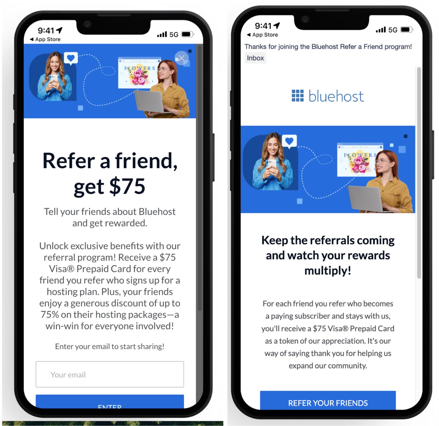 Referral program ideas to drive growth. Blue Host referral program example.