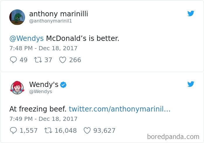 Wedny's social marketing campaign. Screenshot of two tweets: Anthony Marinilli replying ‘@Wendys McDonald’s is better.’ dated Dec 18, 2017, and Wendy’s tweet ‘At freezing beef.’ dated 7:49 PM.