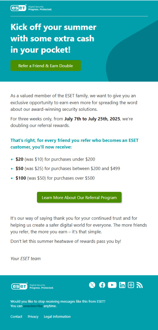 ESET promotional email explaining its referral program with tiered cash rewards and a limited-time double-earn incentive, included as part of referral program examples for 2025.