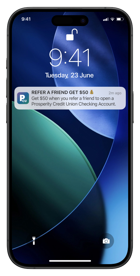 Mobile banking push notification marketing placement to promote bank and credit union referral programs