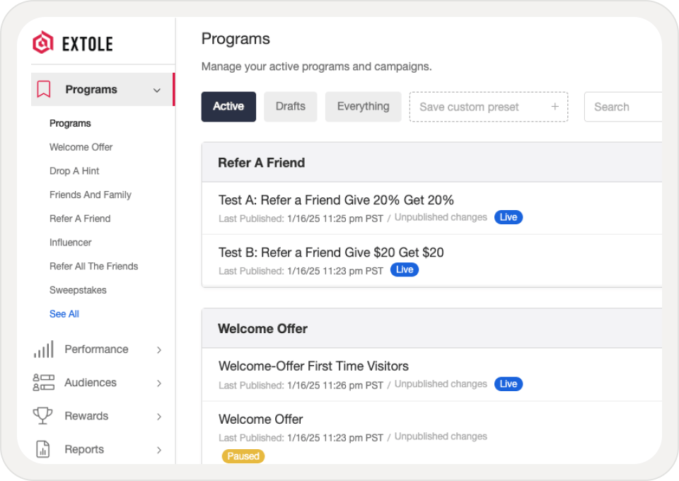 Referral Program management screen showing refer-a-friend, drop-a-hint and sweepstakes programs.