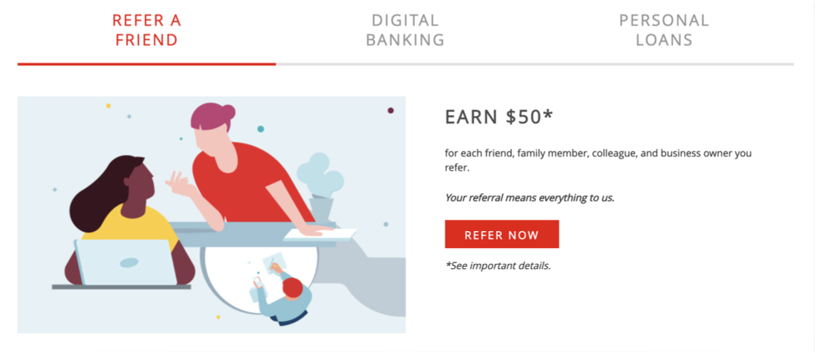A bank refer-a-friend page with tabs for Refer a Friend, Digital Banking, and Personal Loans, offering "Earn $50*" for each friend, family member, colleague, and business owner you refer, with a Refer Now button