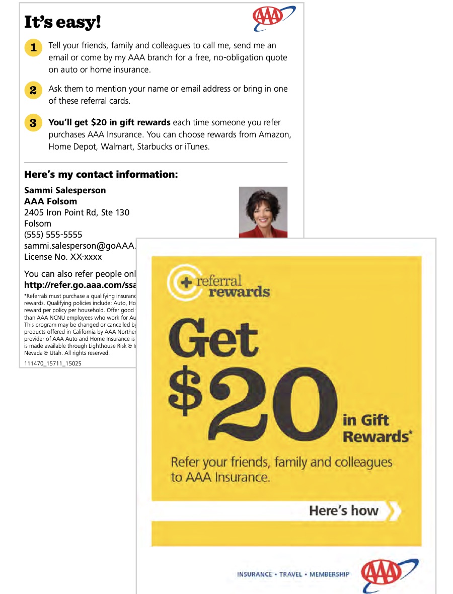 AAA referral materials: a card from the agent explaining three easy steps to refer friends, and a magazine ad reading "Get $20 in Gift Rewards" for referring friends, family, and colleagues to AAA Insurance.