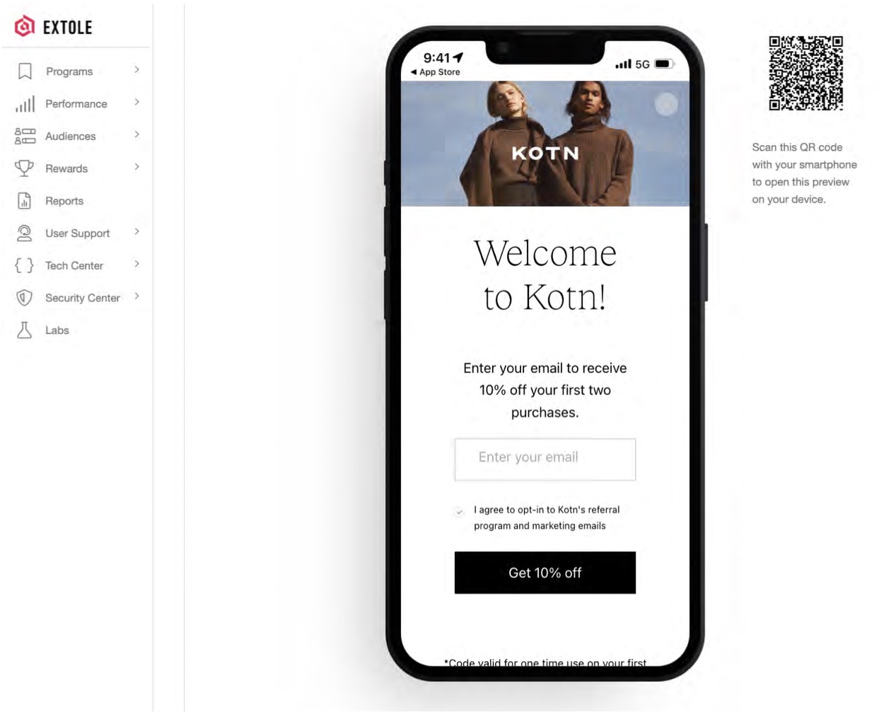 The Extole preview screen showing a Kotn welcome page on a phone, with a QR code to scan with a smartphone to open the preview on your own device