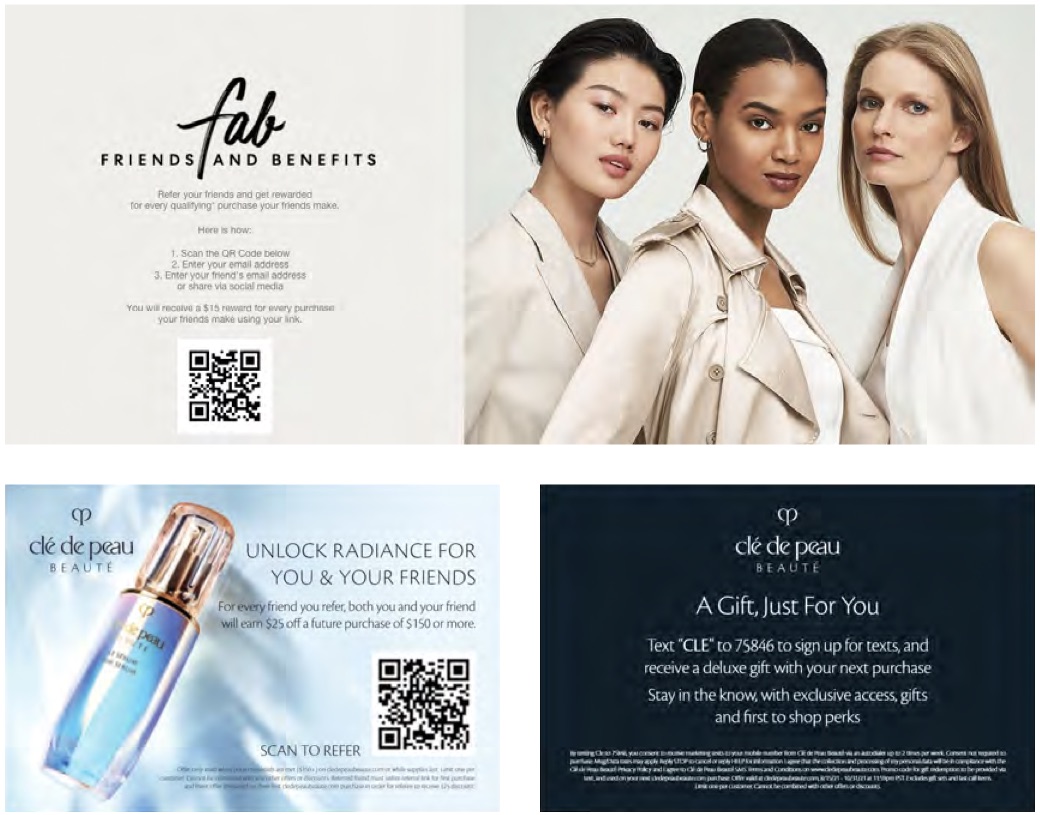 Three printed referral cards with QR codes: a bareMinerals "Friends and Benefits" card offering a $15 reward per friend purchase, and two Cle de Peau Beaute cards, one offering $25 off a future purchase of $150 or more for you and your friend, and one inviting shoppers to text to join