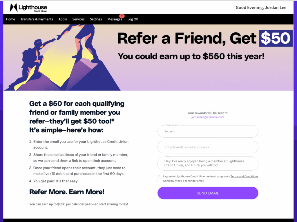 Credit union online banking page offering $50 for each friend referred