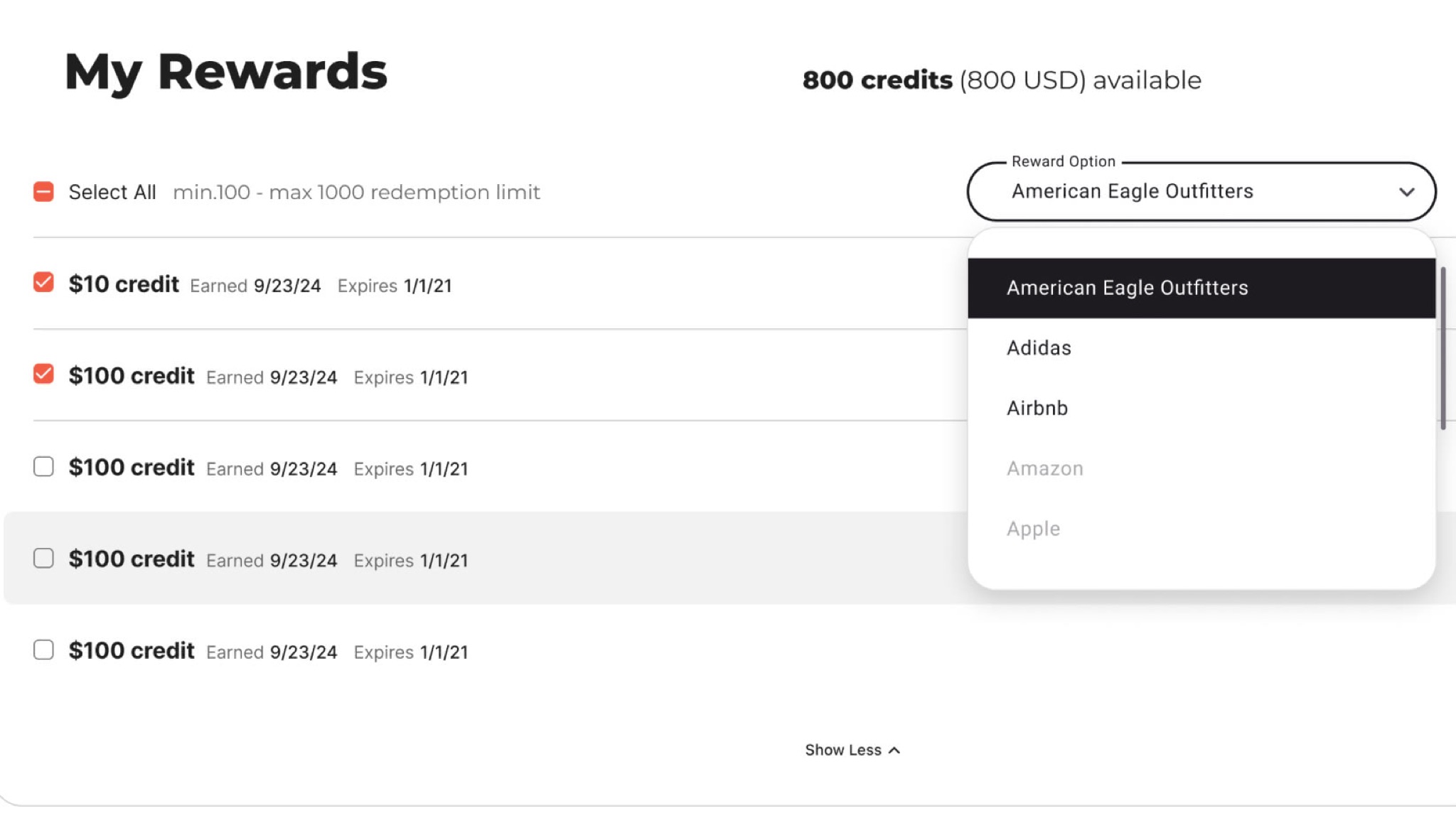 Reward Bank tour showing credits ready to redeem