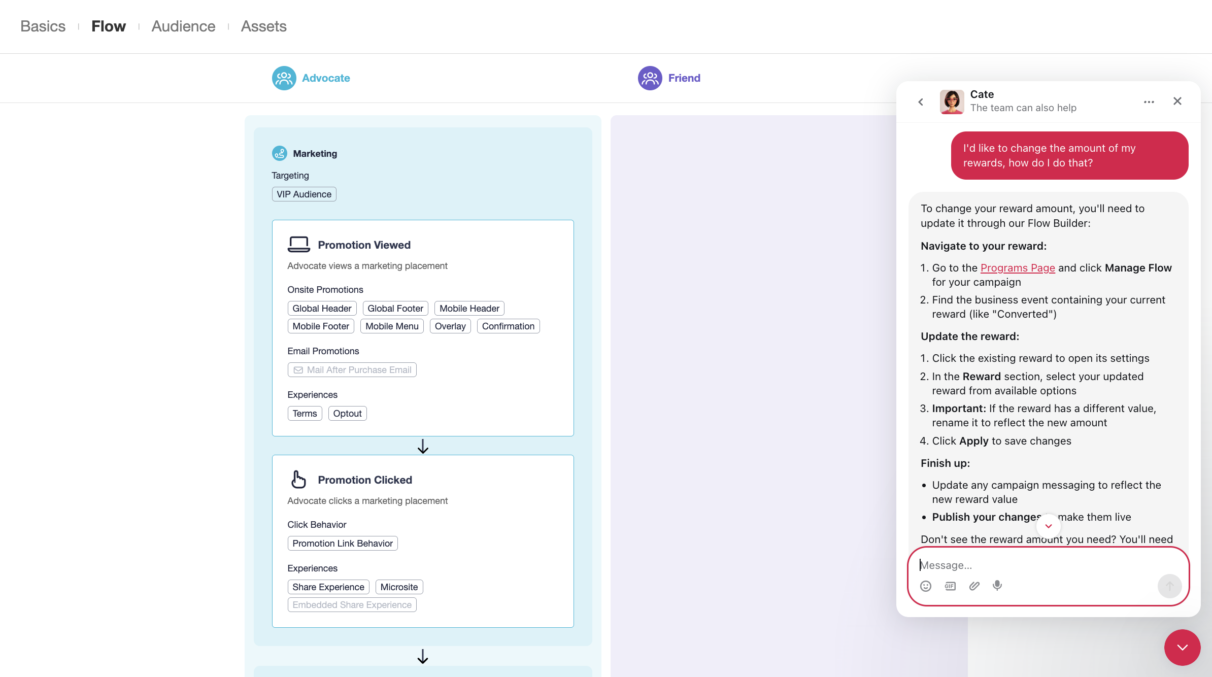Cate chat open beside a Flow Builder advocate flow