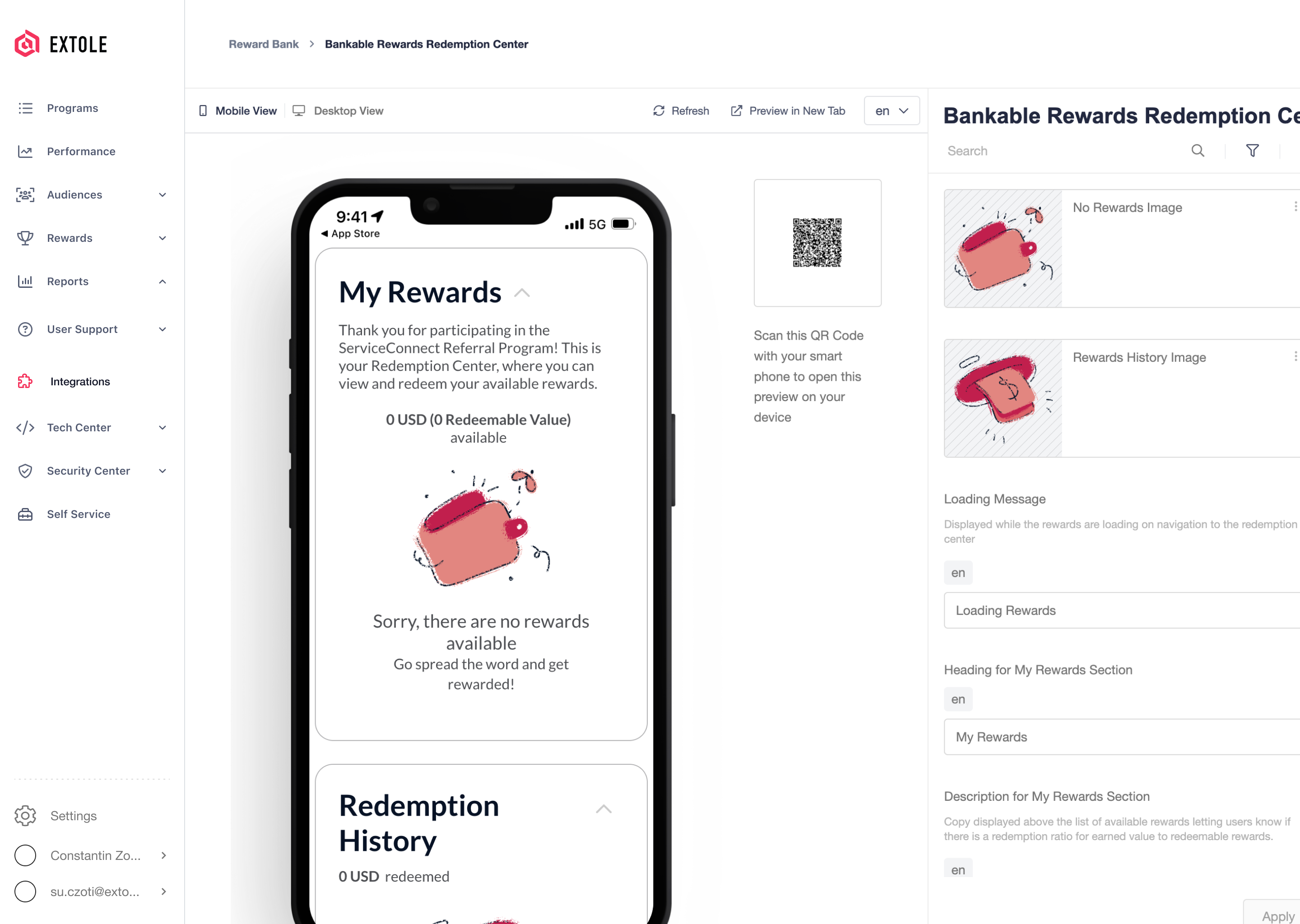 Extole editor previewing the Bankable Rewards Redemption Center on a phone
