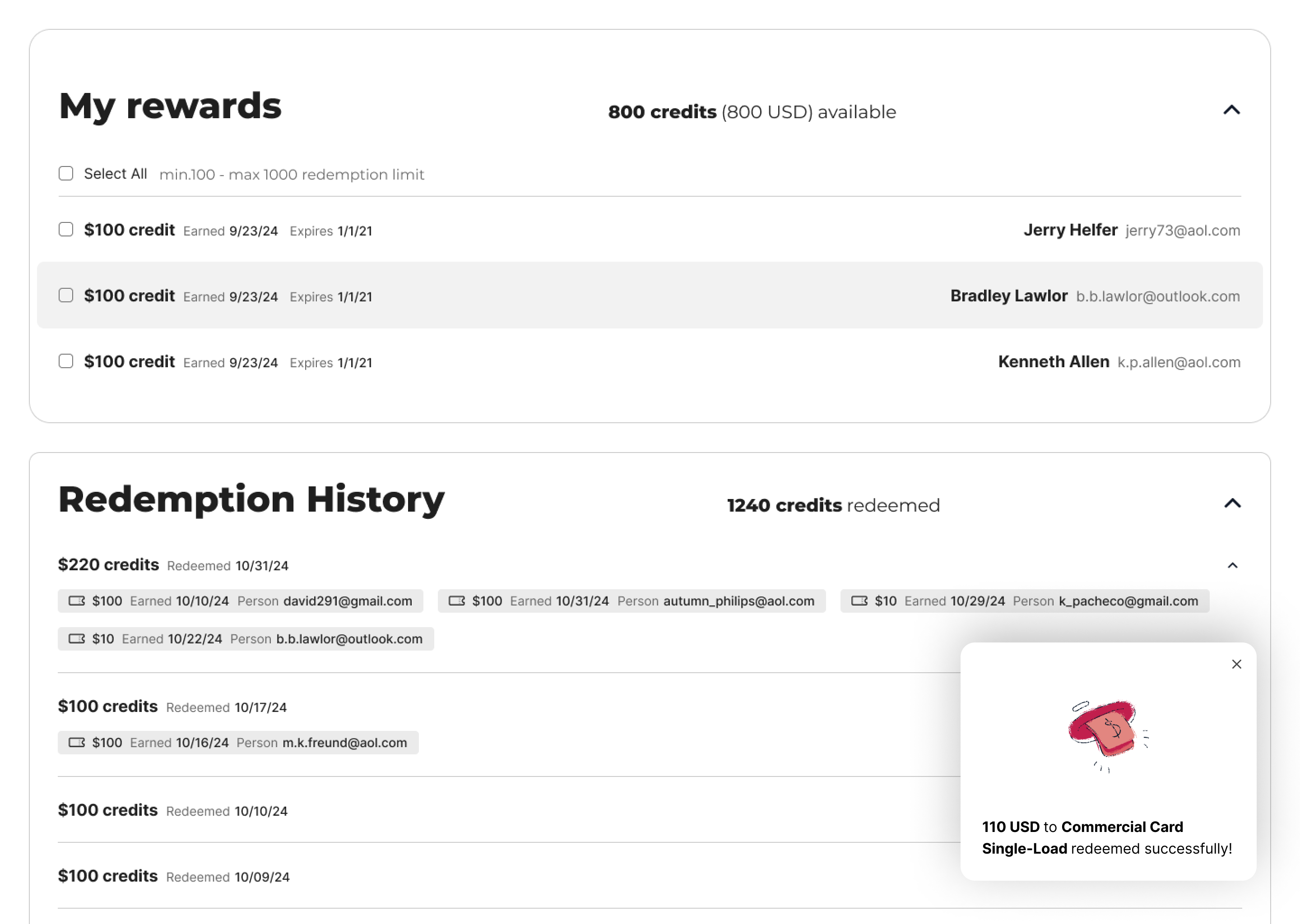 Redemption history with a confirmation that a commercial card was redeemed