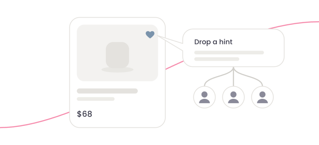 A favorited product with a Drop a hint message sent to three friends