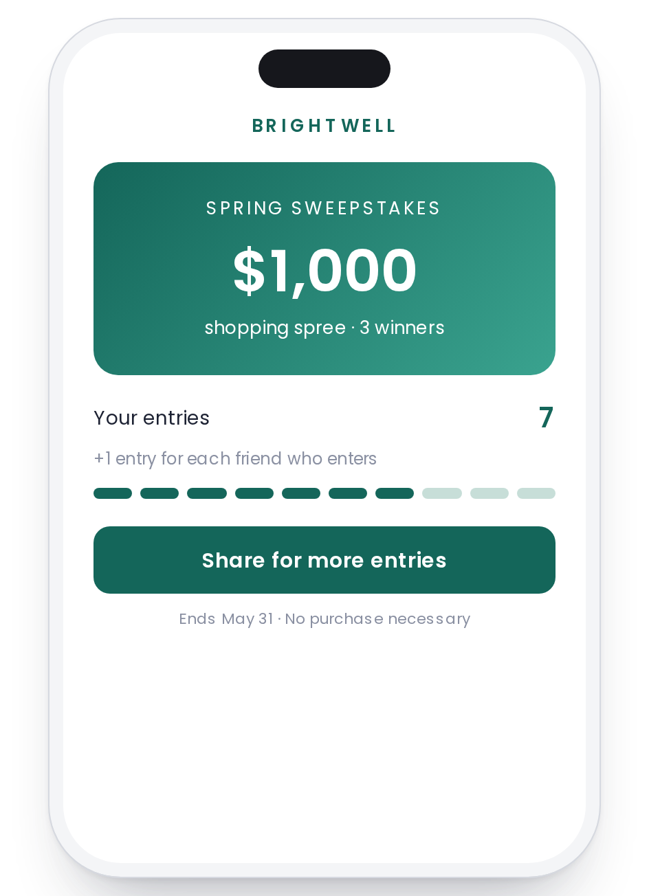 A sweepstakes entry screen showing a $1,000 prize and entries earned