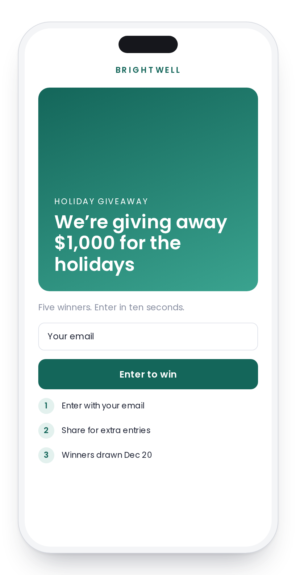 A holiday sweepstakes entry on a phone