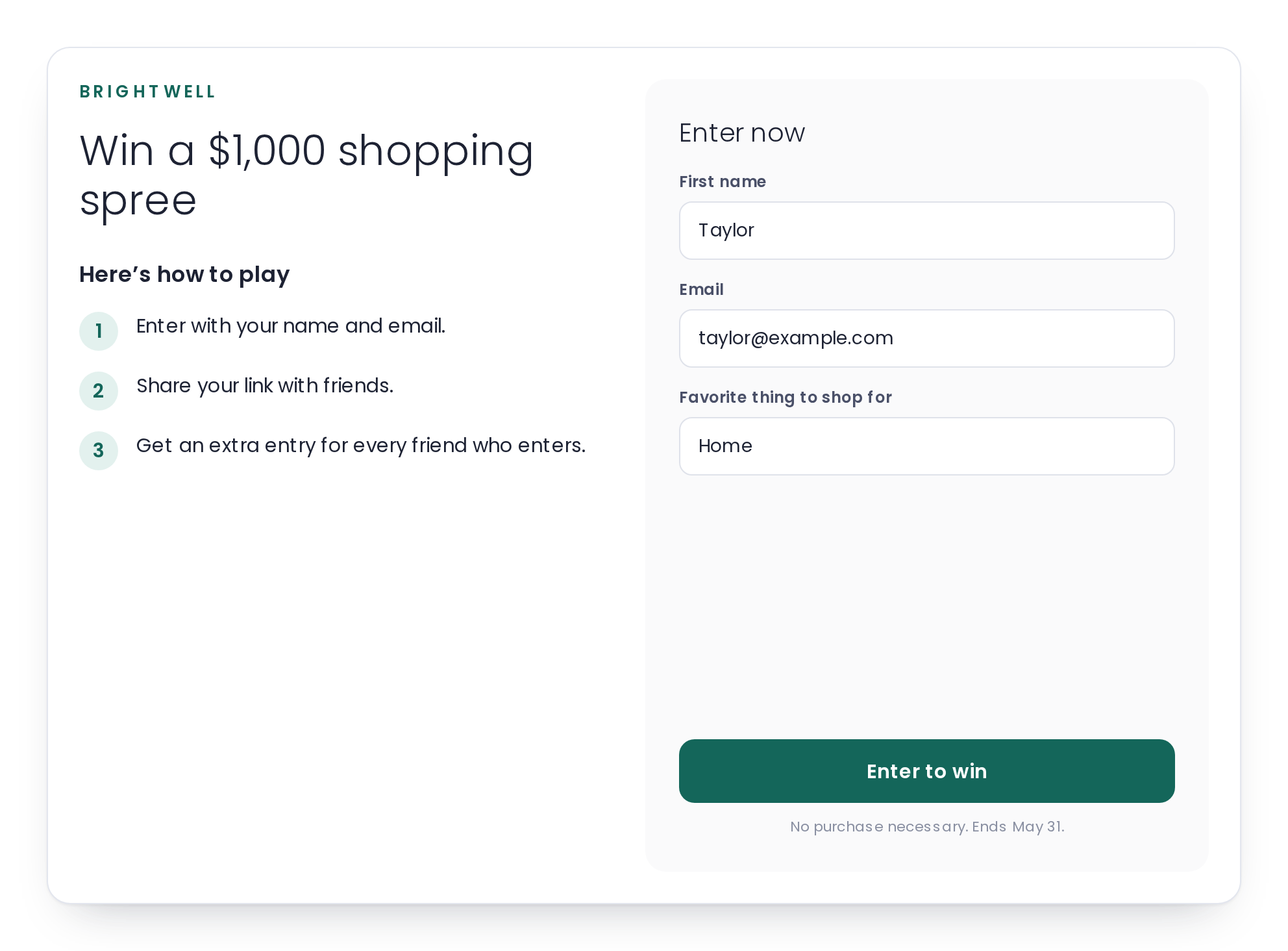 A sweepstakes entry form with how to play