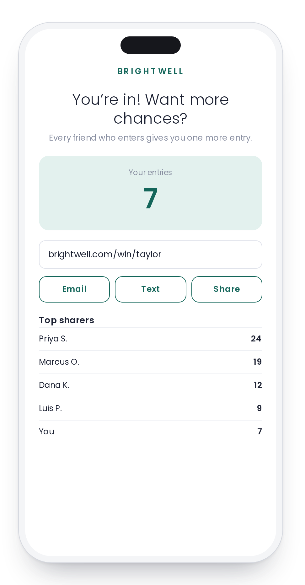 A sweepstakes share screen with entries earned and top sharers