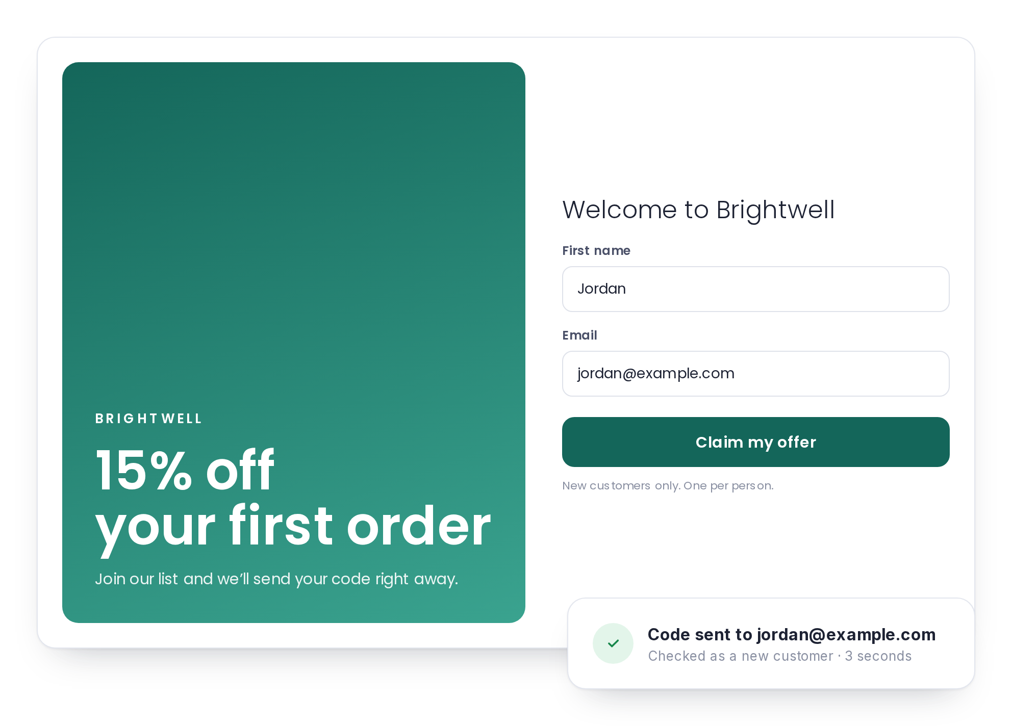 A welcome offer sign-up form and a confirmation that the code was sent