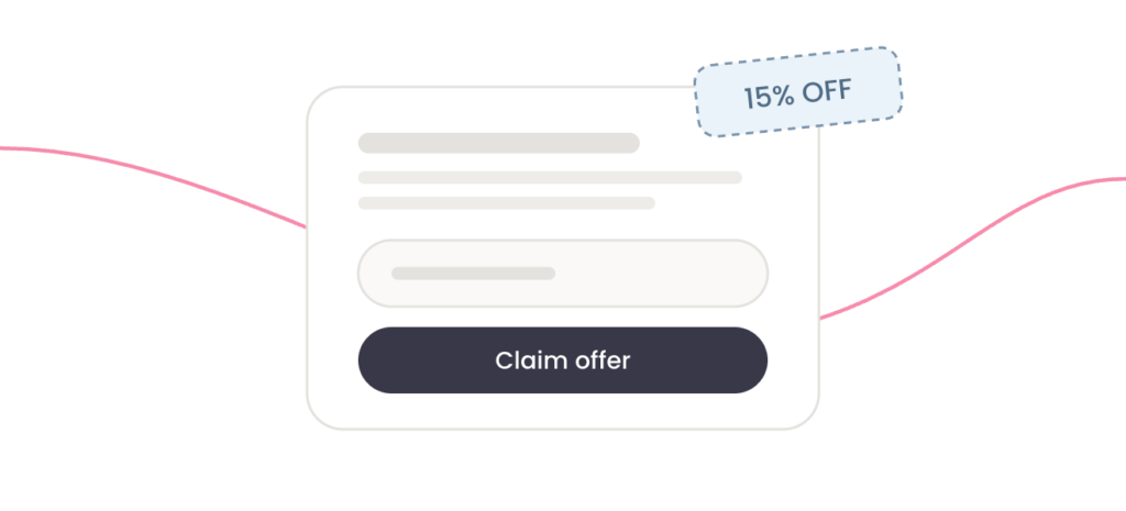 A sign-up form with a Claim offer button and a 15% off coupon