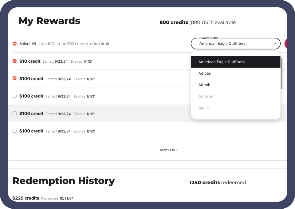 Extole Reward Bank screen