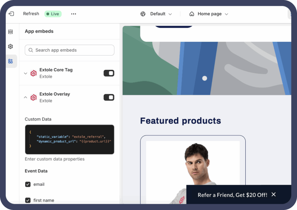 Shopify dashboard with Extole app fields