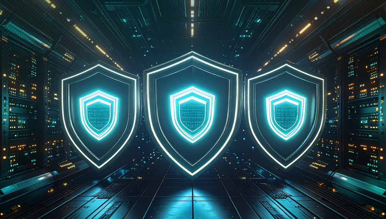 Three glowing shields on a dark background