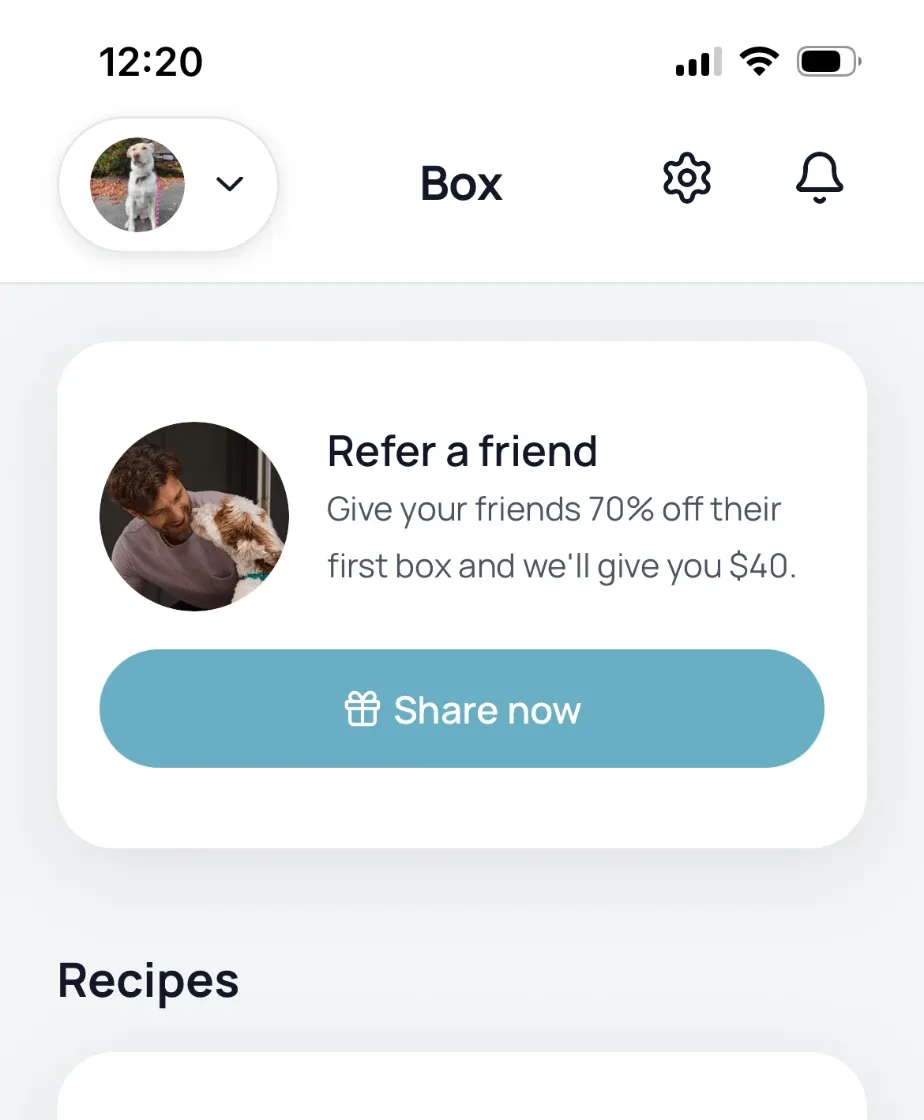 Ollie app Box screen with a Refer a friend card and a Share now button above the recipes.