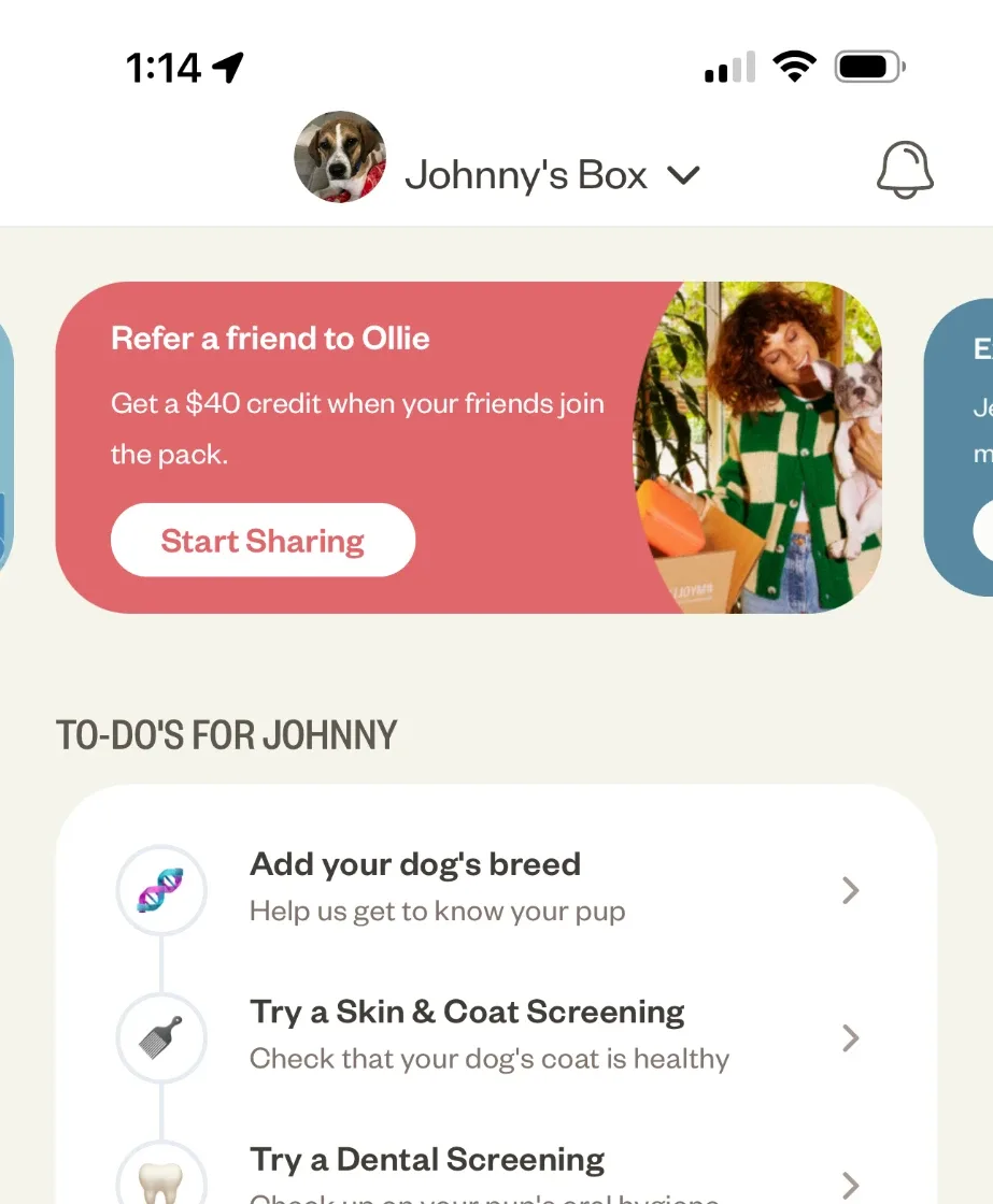 Ollie app home screen with a Refer a friend card offering a $40 credit and a Start Sharing button.