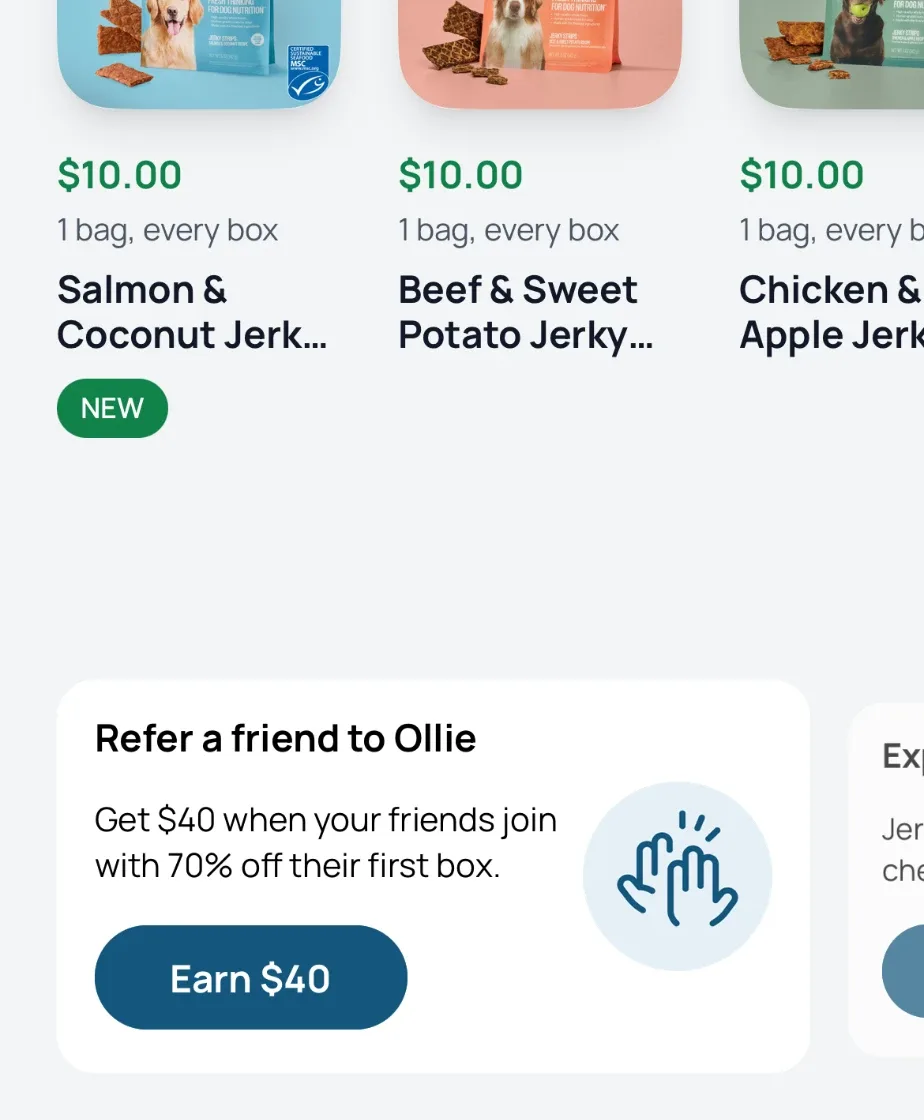 Ollie app home screen with a Refer a friend to Ollie card and an Earn $40 button.