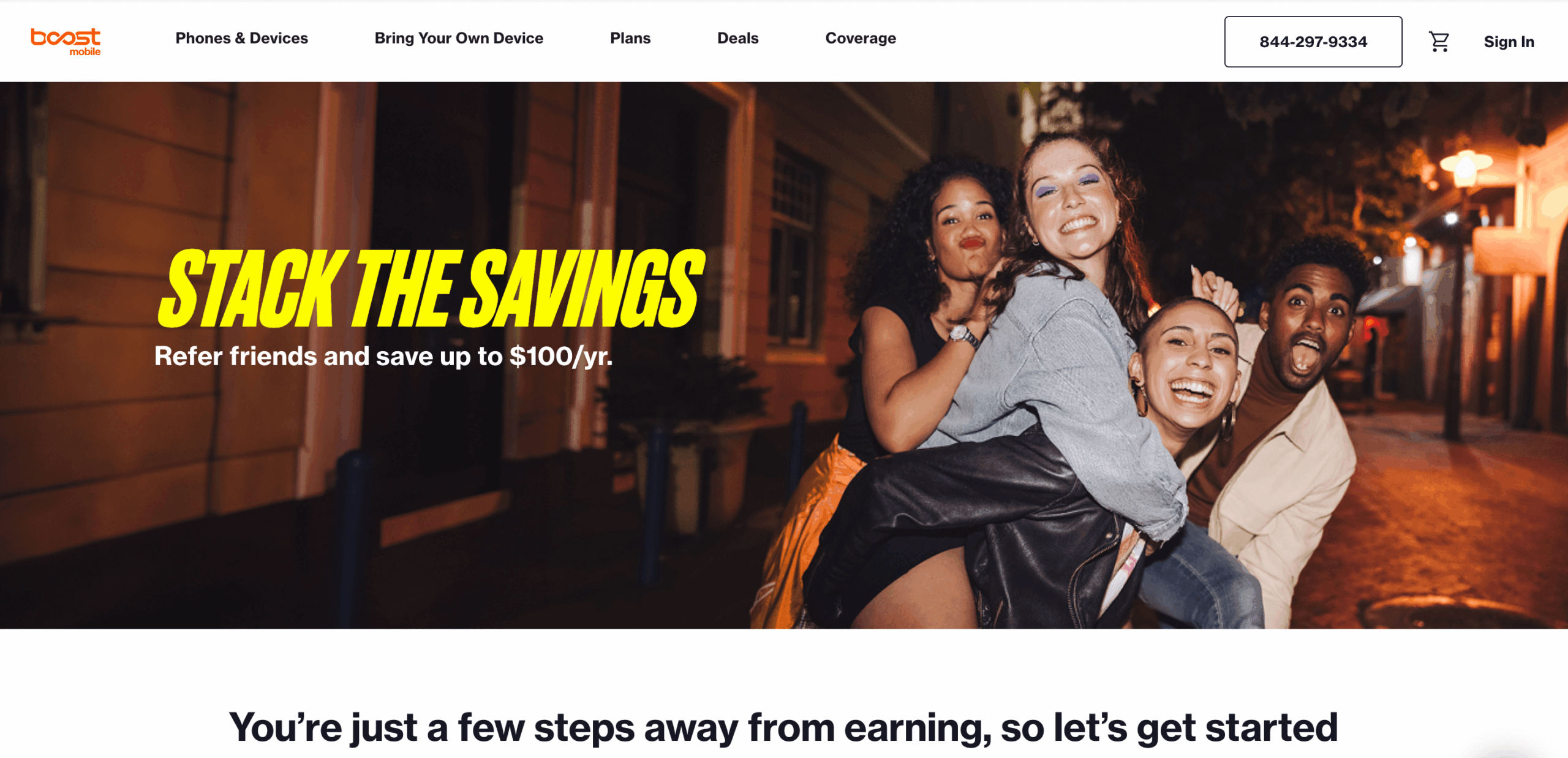 Boost Mobile referral program webpage promoting ‘Stack the Savings’ offer — refer friends and save up to $100 per year on wireless plans.