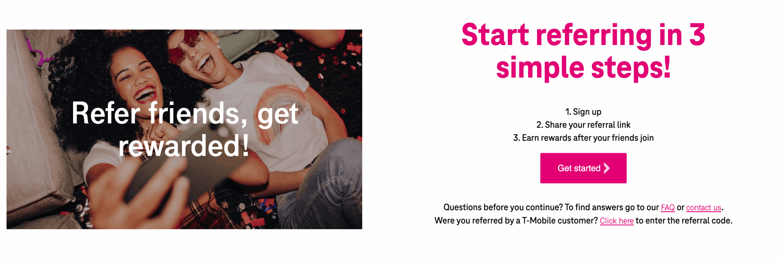 T-Mobile referral program webpage encouraging users to refer friends and get rewarded — shows simple three-step process to sign up, share referral link, and earn rewards.