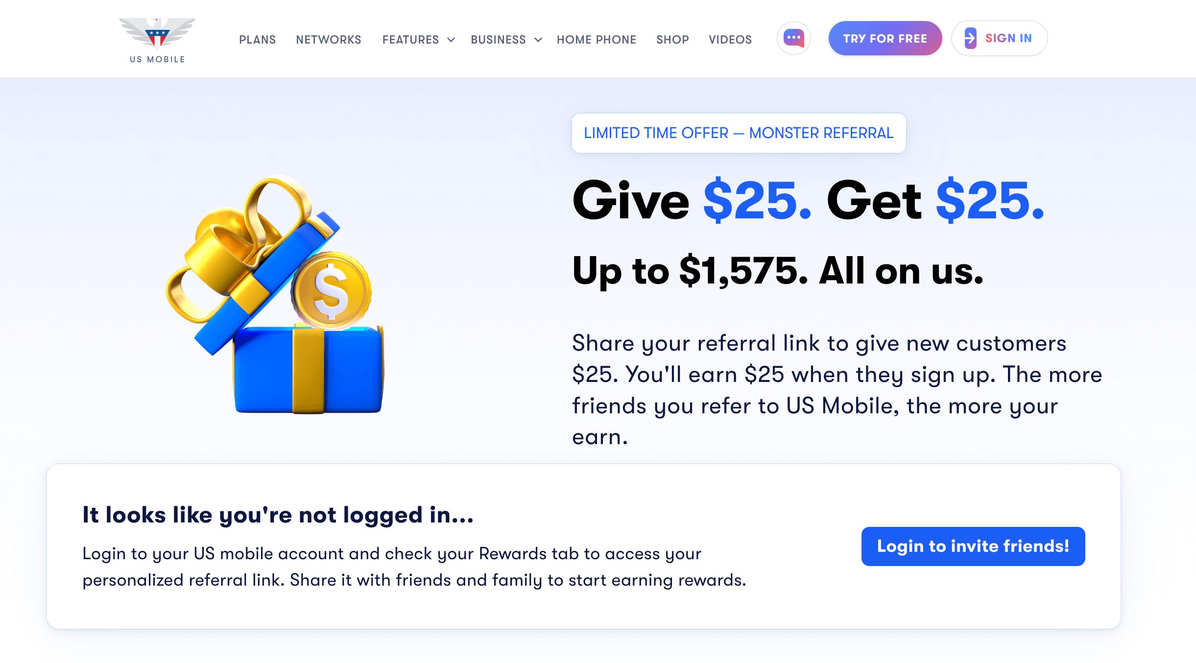 US Mobile referral program webpage promoting ‘Give $25, Get $25’ offer — customers earn up to $1,575 by referring friends through personalized referral links.