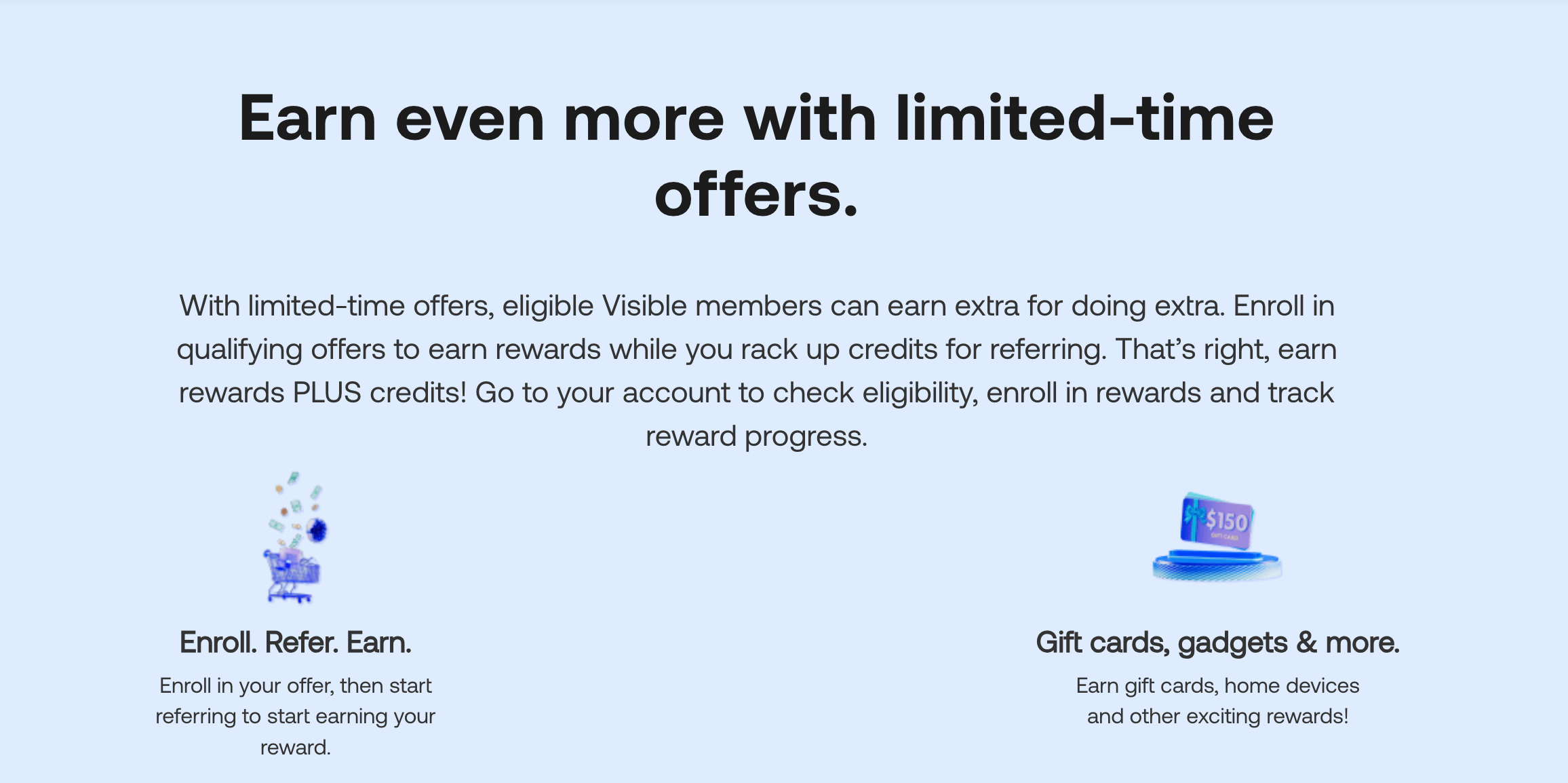 Visible by Verizon referral rewards page highlighting limited-time offers where members can earn extra credits, gift cards, and gadgets by enrolling in referral promotions.