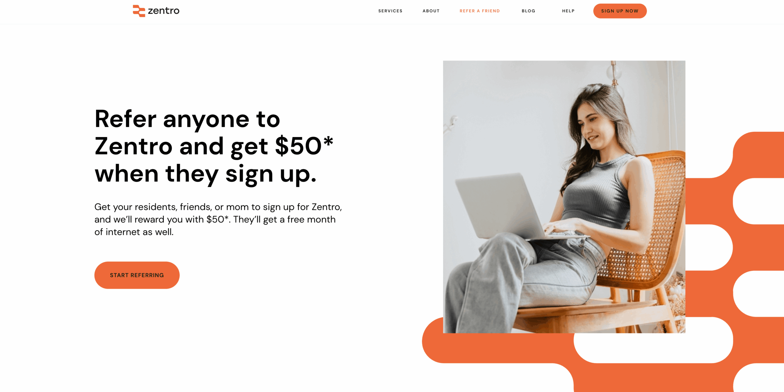 Zentro referral program webpage offering $50 reward for referring friends or residents to sign up for internet service — example of a telecom referral program with cash incentives.