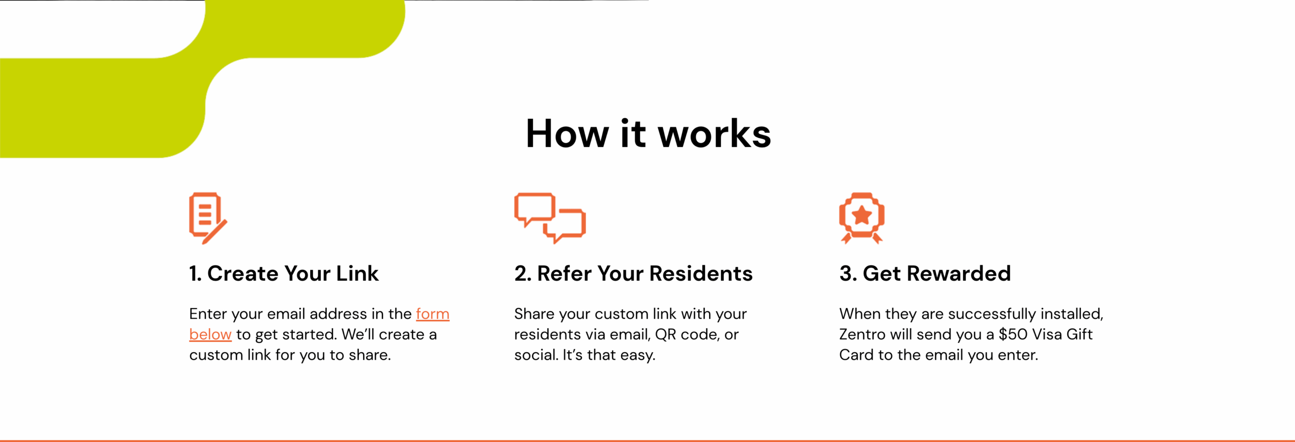 Zentro telecom referral program explaining how it works — create your link, refer residents, and get rewarded with a $50 Visa Gift Card for each successful internet installation.