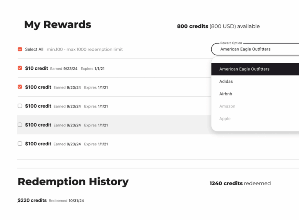 Bankable rewards on a loyalty software screen.