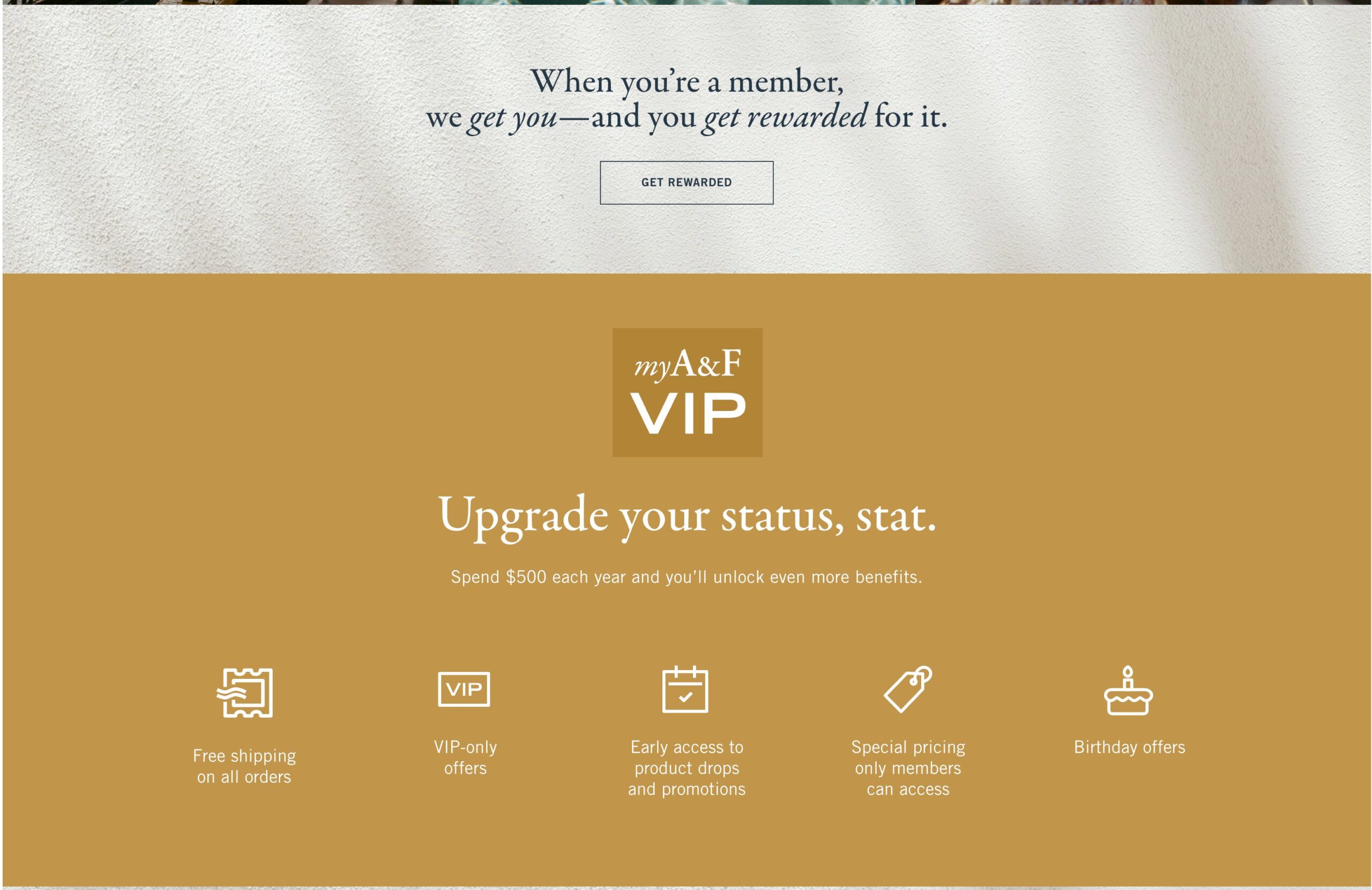 Abercrombie myA&F VIP rewards program example highlighting member perks such as free shipping, VIP-only offers, early product access, special pricing, and birthday rewards for customers who spend $500 annually.