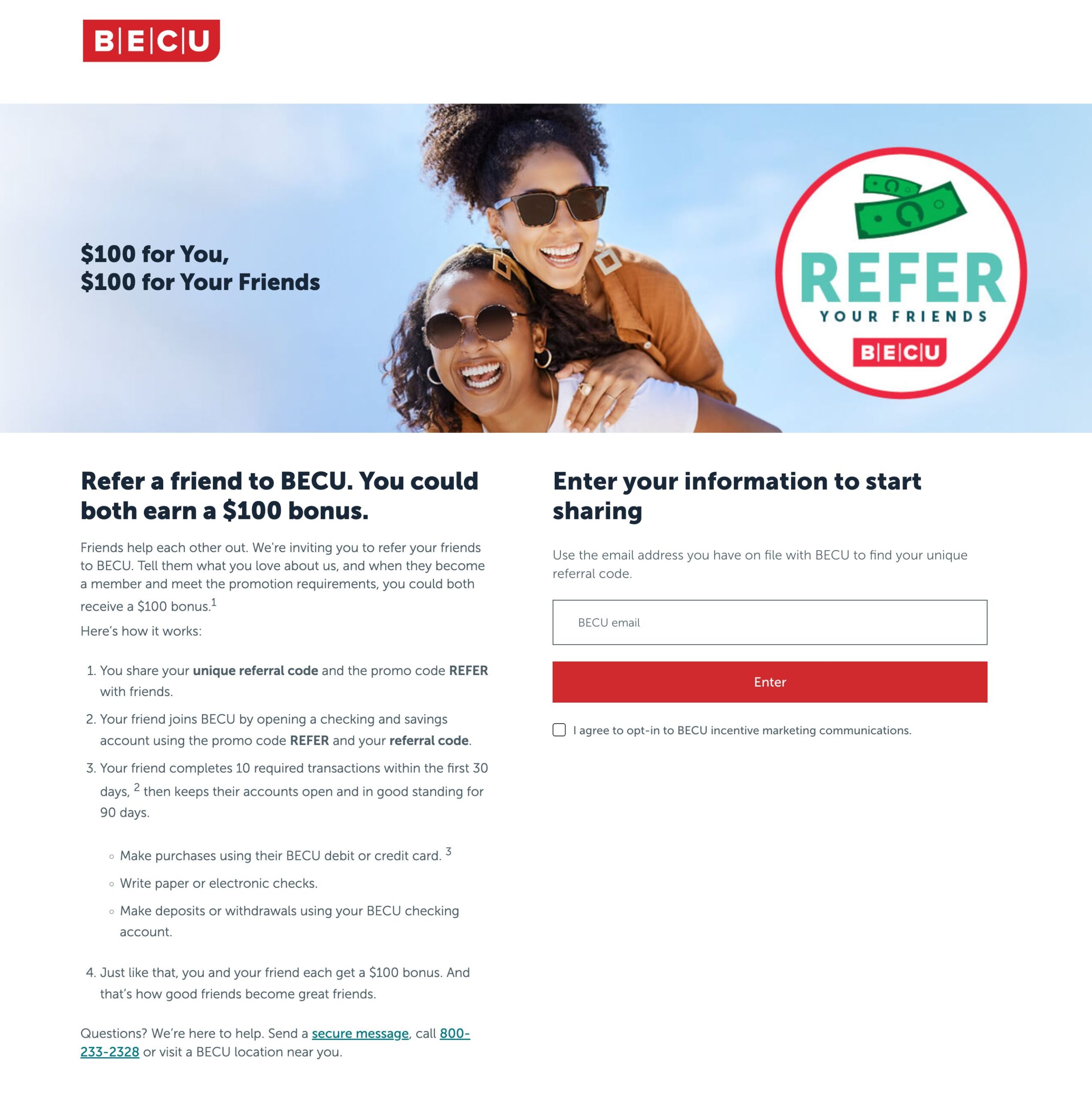 BECU referral program example displaying a banner with smiling friends and details about earning a $100 bonus for both the referrer and the friend when the friend opens accounts, completes qualifying transactions, and meets promotional requirements.