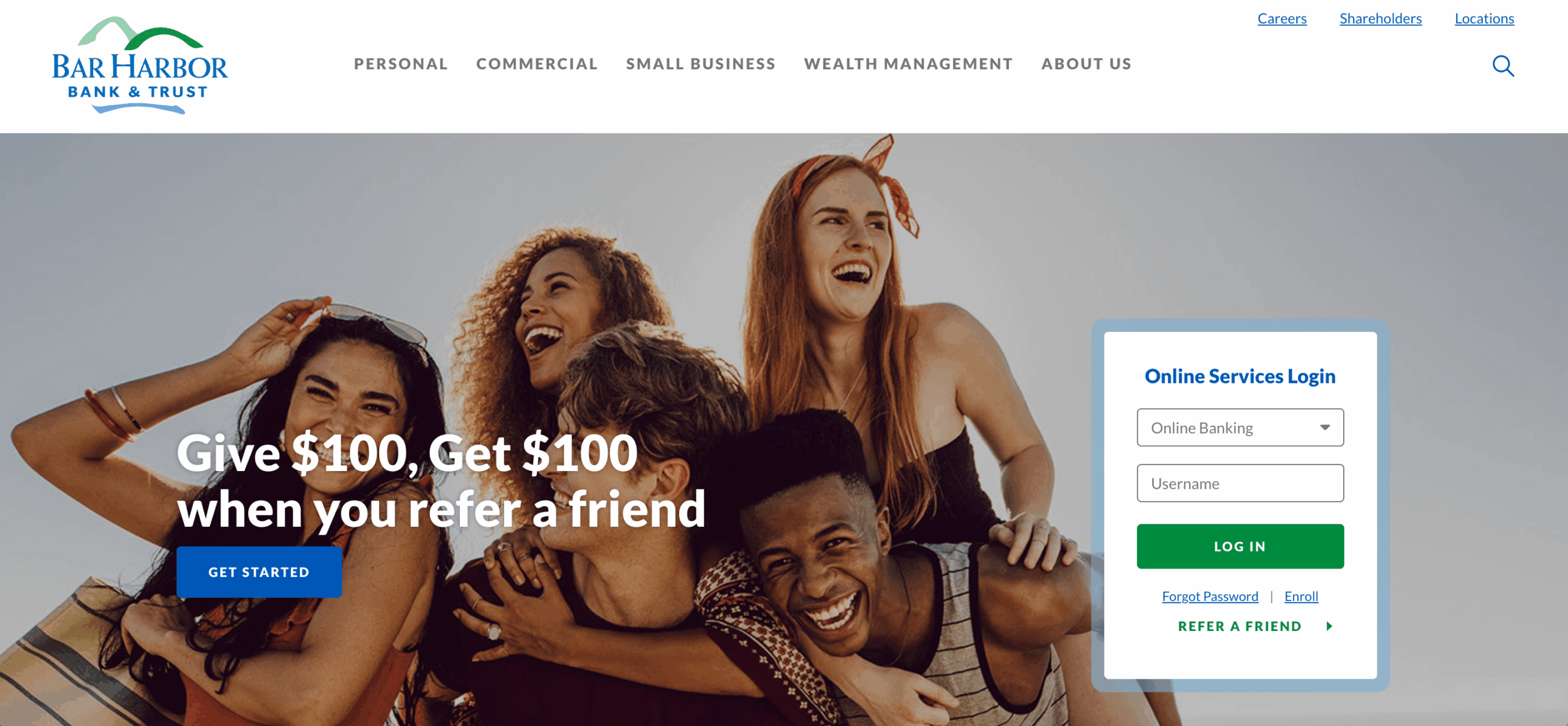 Bar Harbor Bank & Trust referral program example showing a group of friends smiling with messaging that offers customers and their referred friends $100 each for opening an account.