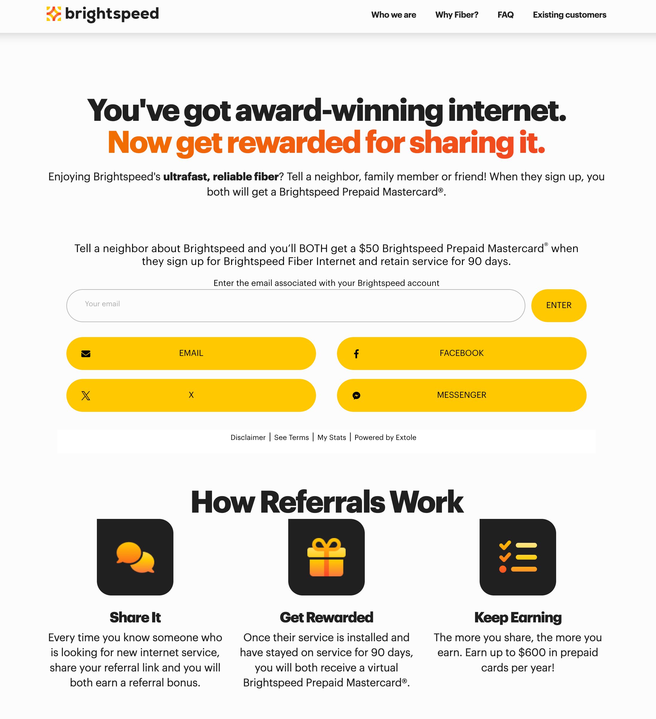 Brightspeed referral program example displaying a banner encouraging users to share their award-winning fiber internet and earn $50 prepaid Mastercard rewards for each successful referral.
