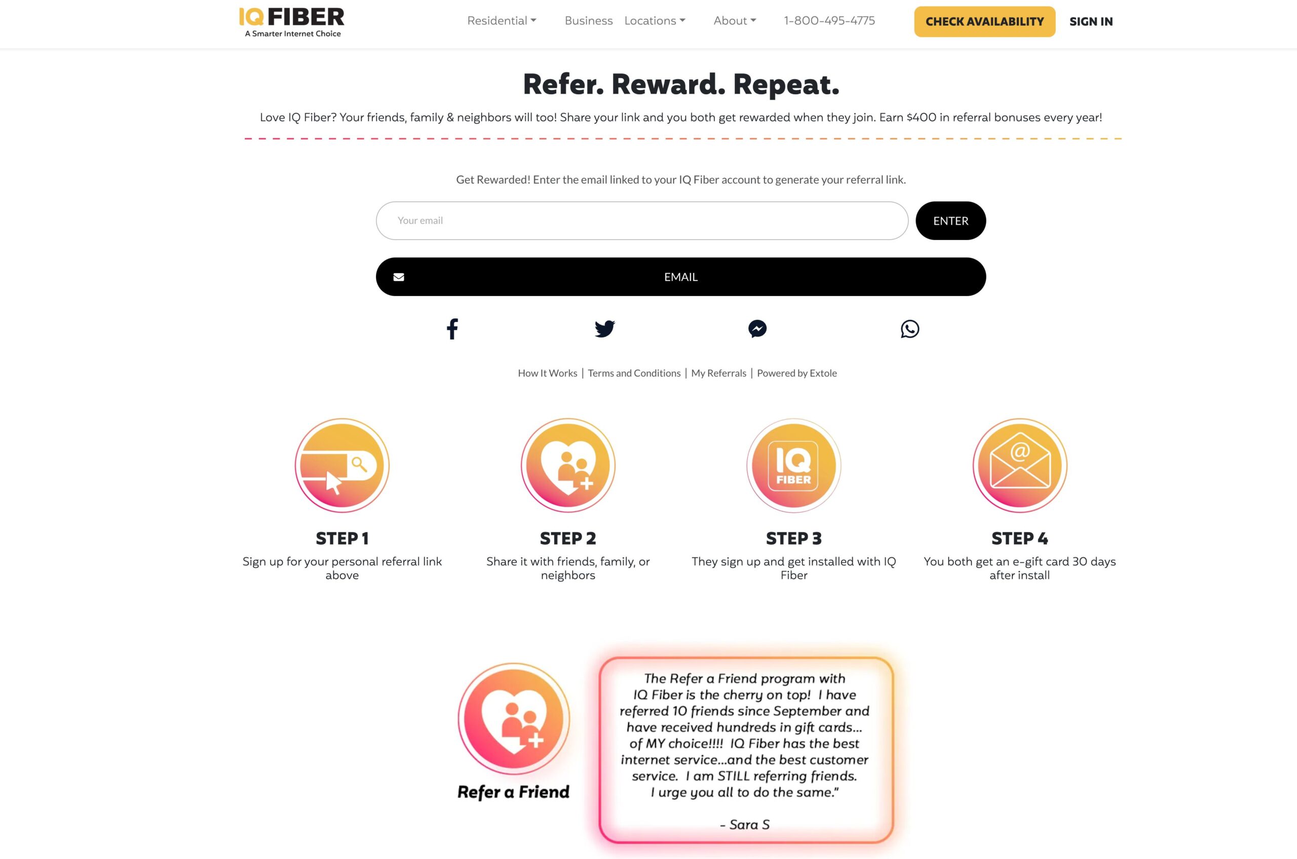IQ Fiber referral program example showing how customers can generate a unique referral link, share it with friends and neighbors, and receive e-gift card rewards 30 days after installation—earning up to $400 per year.