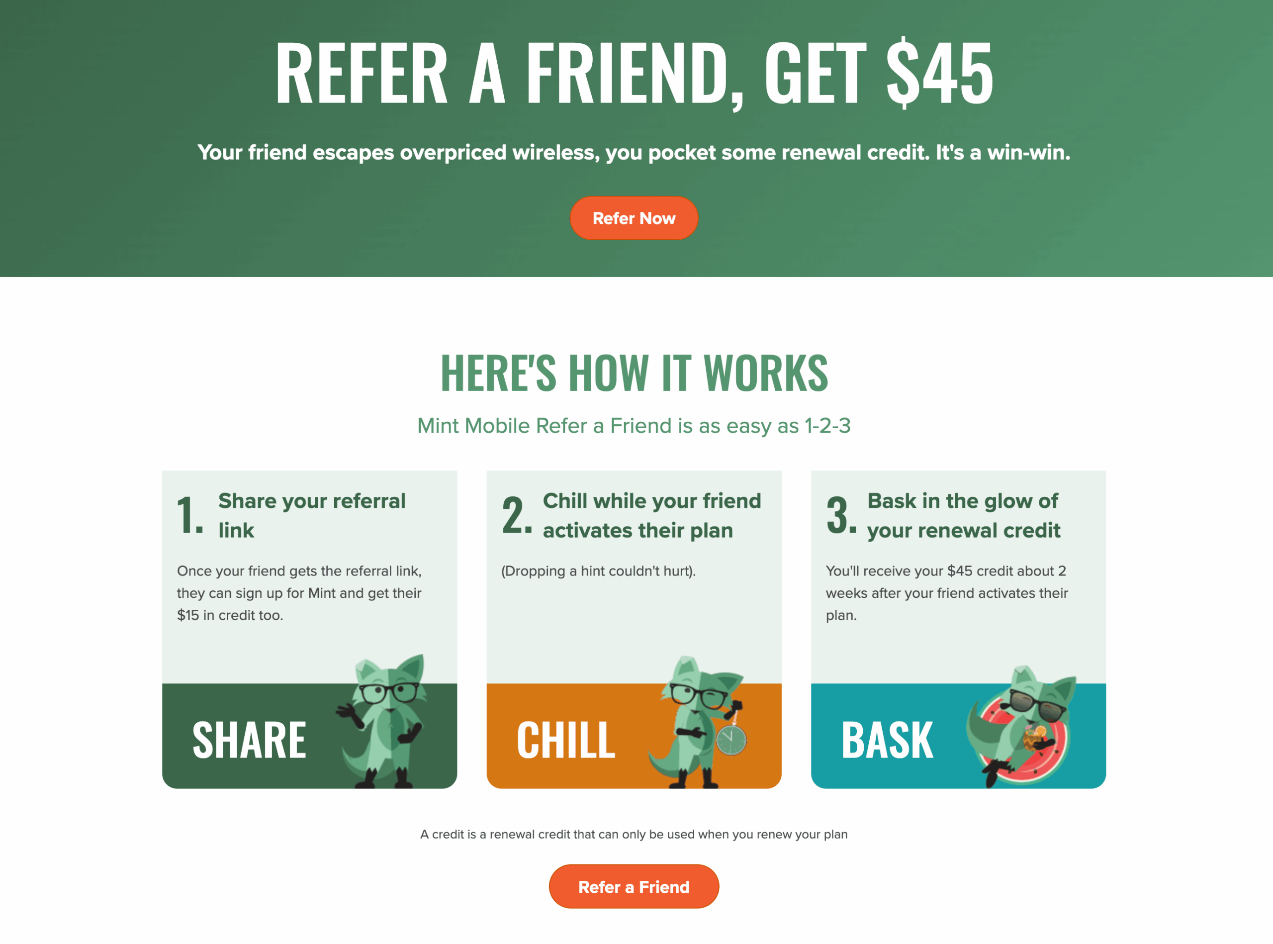 Mint Mobile referral program example displaying a ‘Refer a Friend, Get $45’ offer with illustrated steps explaining how users share a referral link, wait for their friend to activate a plan, and then earn renewal credit.